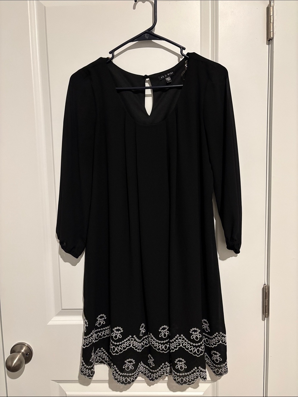 As U Wish Black Long-Sleeve Dress with White Embroidered Hem